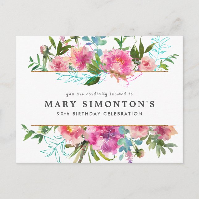 Postal De Invitación Pink Peony 90 cumpleaños (Anverso)