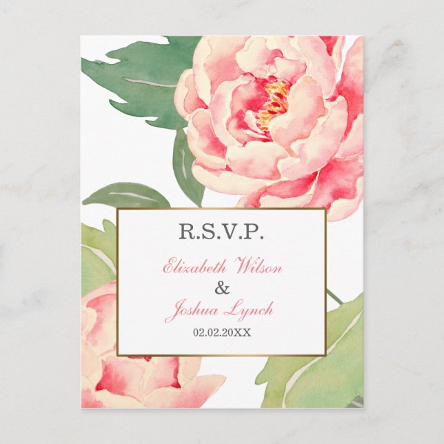 Postal De Invitación Pink Peony Flowers boda rsvp (Anverso)