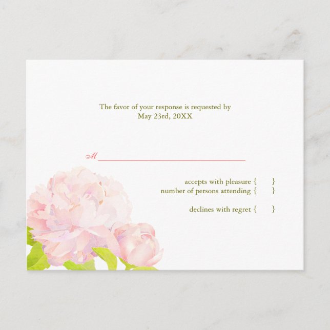 Postal De Invitación Pink Peony Simple Wedding RSVP (Anverso)