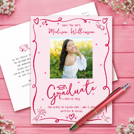 Postal De Invitación Pink Red Doodles Graduation Save the Date Photo