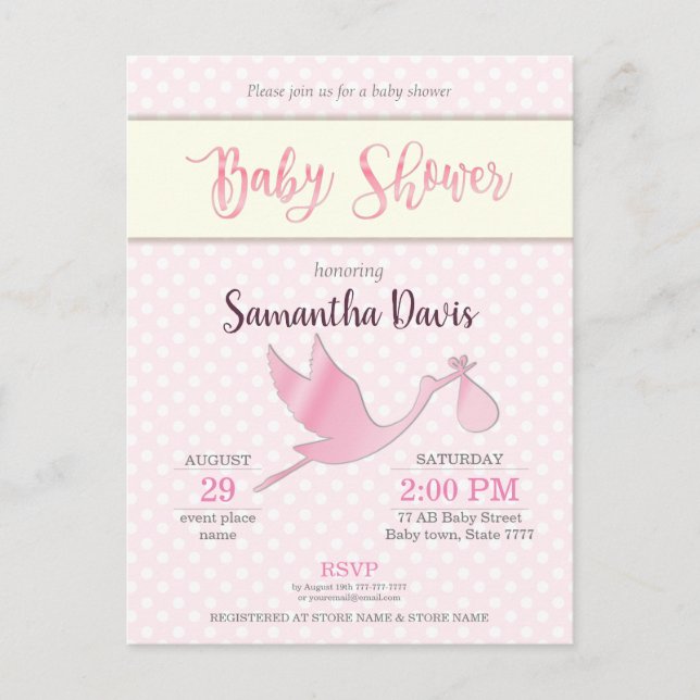 Postal De Invitación Pink Stork Baby Baby Shower (Anverso)