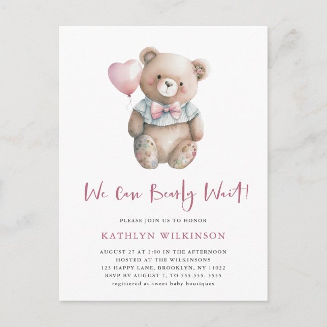 Postal De Invitación Pink Teddy Podemos Bear Esperar Chica Baby Shower (Anverso)
