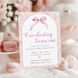 Postal De Invitación Pink Toile Coquette Bow Primer Chica de cumpleaños