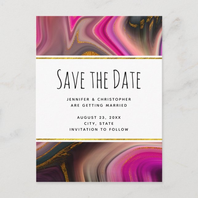 Postal De Invitación Pink y Black con Swirls Gold Save the Date (Anverso)