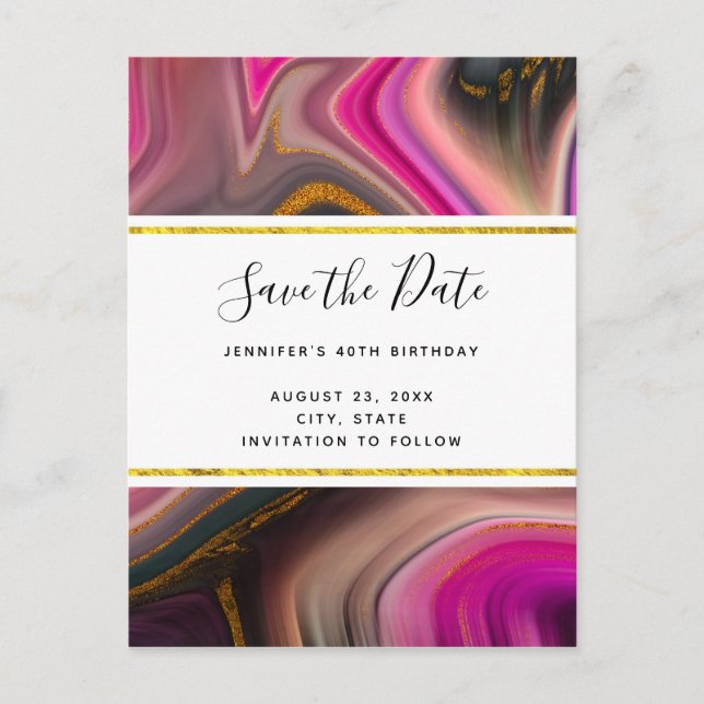 Postal De Invitación Pink y Black con Swirls Gold Save the Date (Anverso)