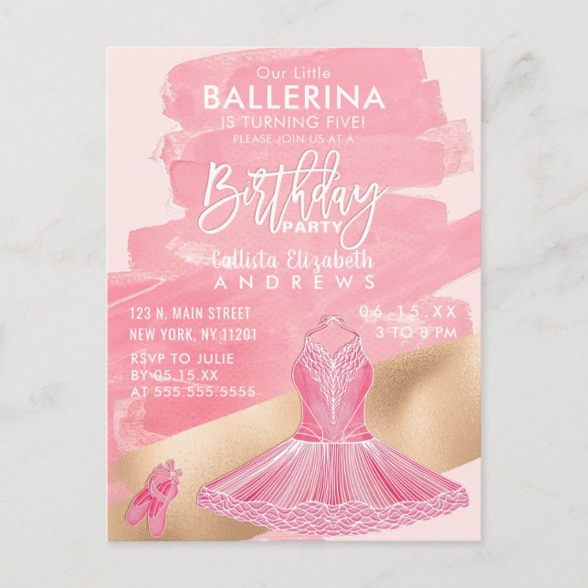 Postal De Invitación Pintadas de Bailarina de Oro Rosa Femenina Cumplea (Anverso)