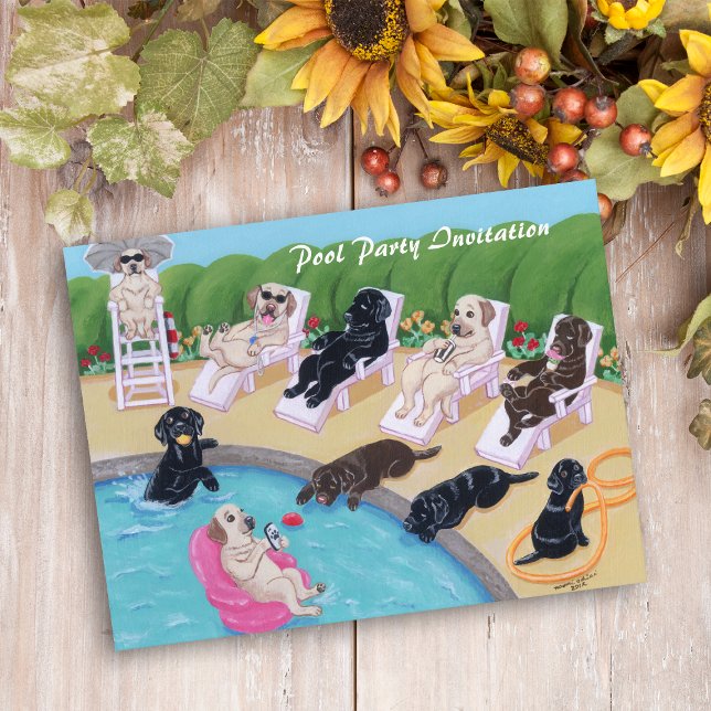 Postal De Invitación Pintura de Fiestas de la piscina (Poolside Party Labradors Painting Invitation Postcard for Labrador Owners.  Enjoy pool party!!)