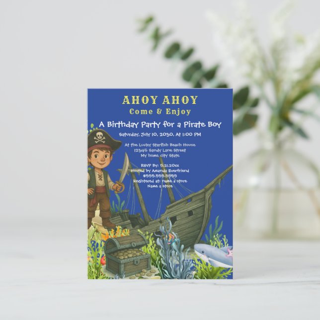 Postal De Invitación Pirate Boy Pescado tropical bajo el mar Cumpleaños (Anverso de pie)