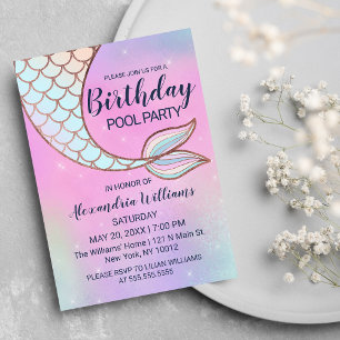 Postal De Invitación Piscina de cola de sirena Verde azulada rosada irl