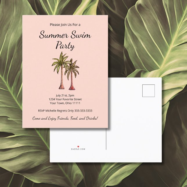 Postal De Invitación Piscina tropical de verano Fiesta palmeras Rubor P (Subido por el creador)