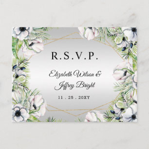 Postal De Invitación Plata Anemone Blanco Oro Geométrico RSVP
