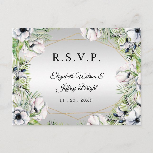 Postal De Invitación Plata Anemone Blanco Oro Geométrico RSVP (Anverso)