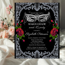 Postal De Invitación Plata Masque Roses Roses Gótico Dulce 16
