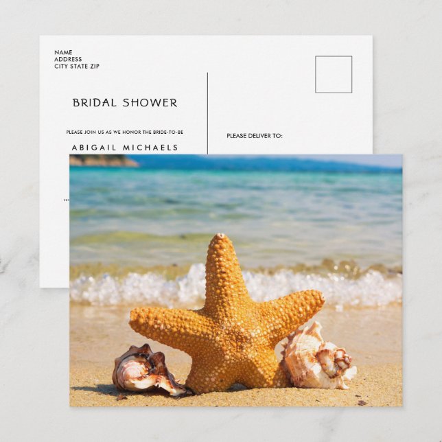 Postal De Invitación Playa con Starfish y Seasheles con ducha de novia (Anverso / Reverso)