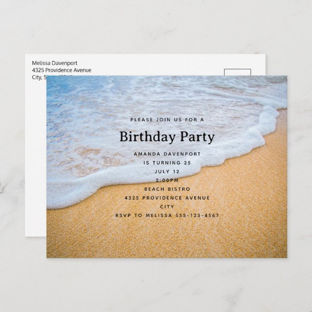 Postal De Invitación Playa de arena con día de cumpleaños de una espuma (Anverso / Reverso)