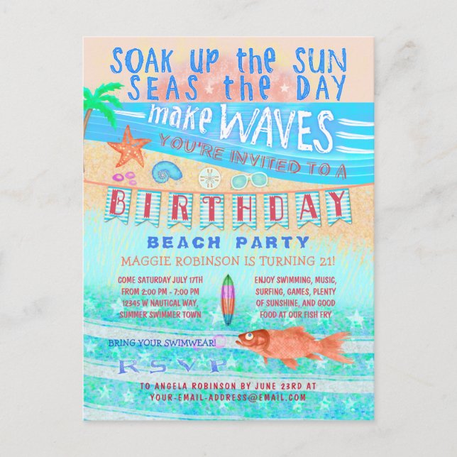 Postal De Invitación Playa de cumpleaños o piscina Fiesta de verano Pes (Anverso)