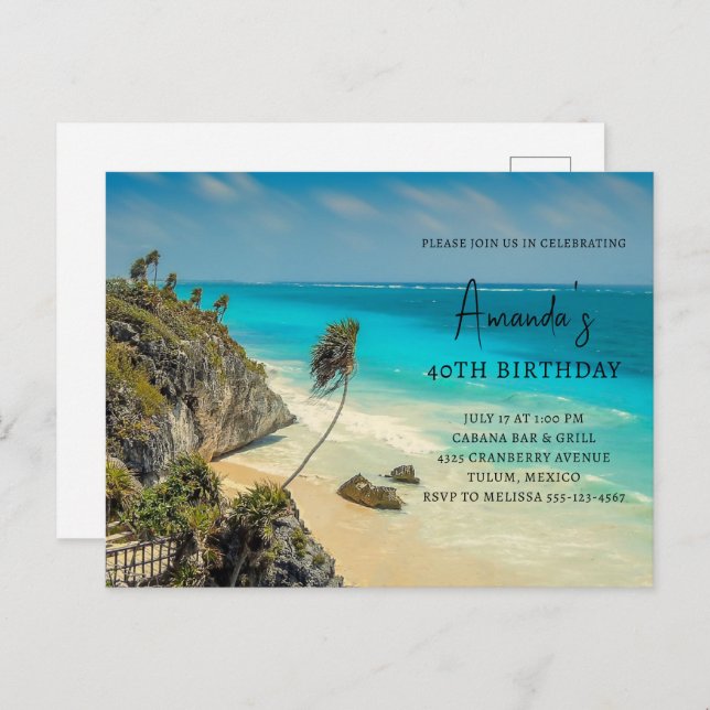 Postal De Invitación Playa tropical con palmeras barridas de viento Cum (Anverso / Reverso)