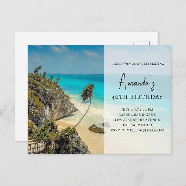 Postal De Invitación Playa tropical con palmeras barridas de viento Cum (Anverso / Reverso)