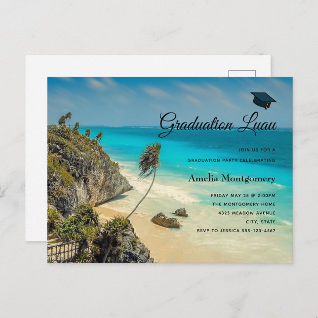 Postal De Invitación Playa tropical con palmeras barridas de viento gra (Anverso / Reverso)