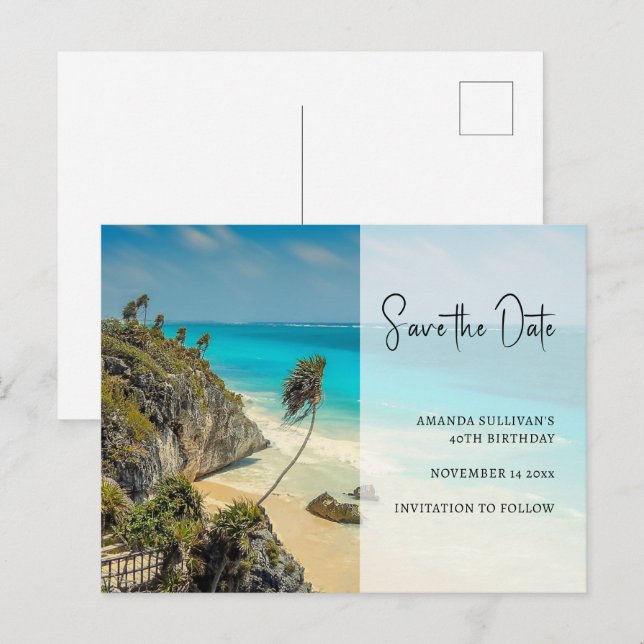 Postal De Invitación Playa tropical con palmeras barridas de viento sal (Anverso / Reverso)