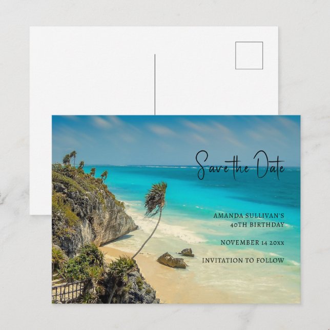 Postal De Invitación Playa tropical con palmeras barridas de viento sal (Anverso / Reverso)