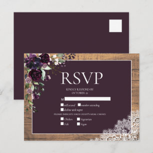 Postal De Invitación Plum Purple Floral Madera Lace Rustic Wedding RSVP