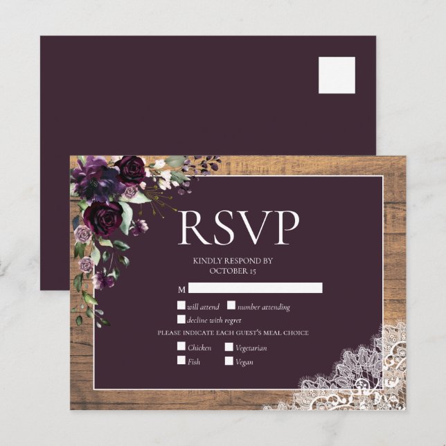 Postal De Invitación Plum Purple Floral Madera Lace Rustic Wedding RSVP (Anverso / Reverso)