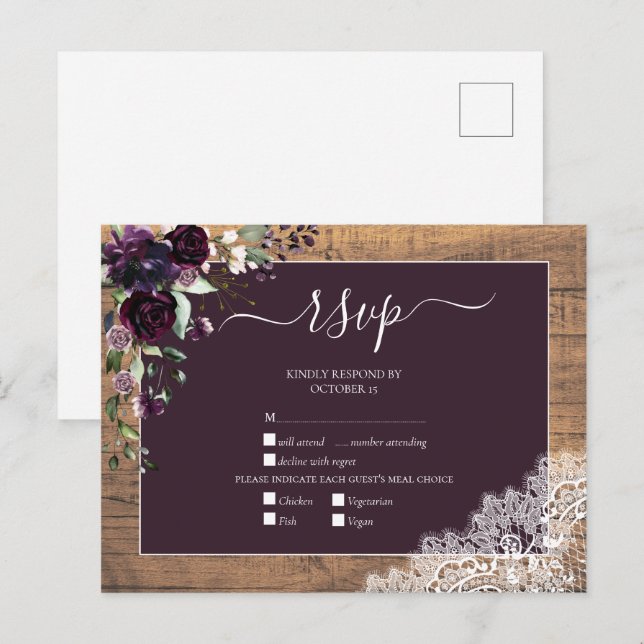 Postal De Invitación Plum Purple Floral Script Lace Wood Wedding RSVP (Anverso / Reverso)