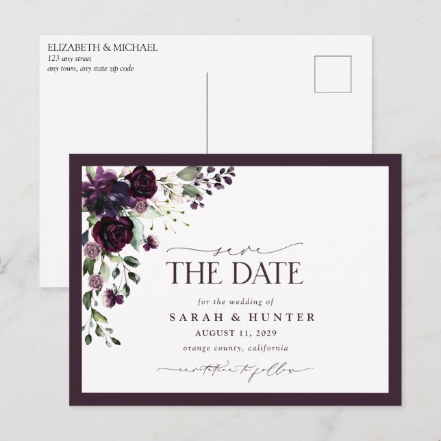Postal De Invitación Plum Purple Floral Script Wedding Guardar La Fecha (Anverso / Reverso)