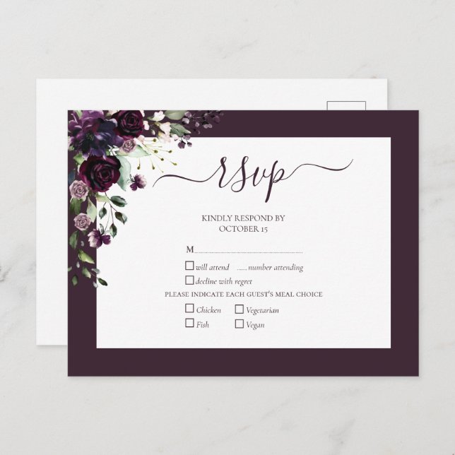 Postal De Invitación Plum Purple Floral Script Wedding RSVP (Anverso / Reverso)