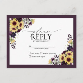 Postal De Invitación Plum Purple Sunflower Watercolor Wedding RSVP