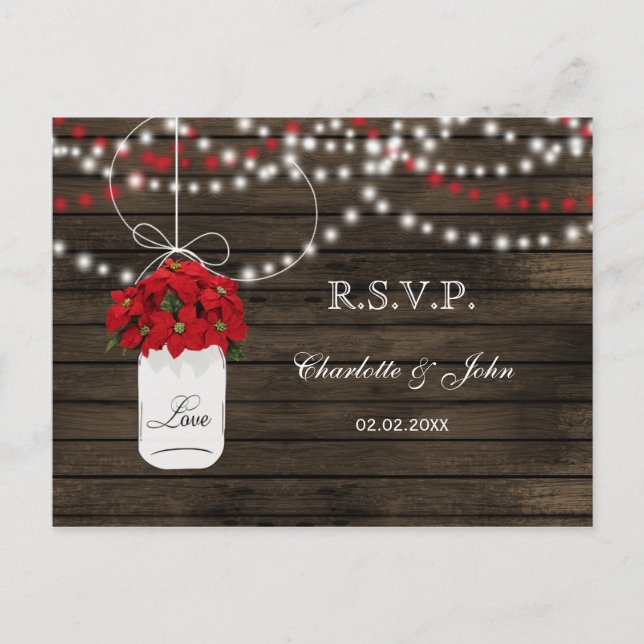Postal De Invitación Poinsettia de madera de grano masón tarro boda rús (Anverso)