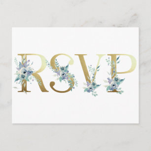 Postal De Invitación Polvo de Oro Azul Acuarela Floral Elegante Boda