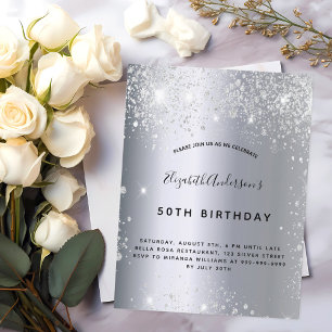 Postal De Invitación Polvo de purpurina de plata de cumpleaños metaliza