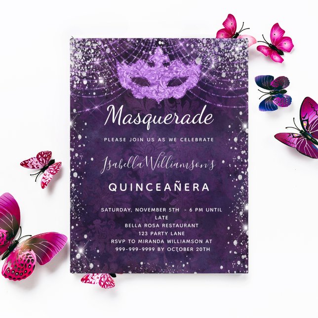 Postal De Invitación Polvo de purpurina de plata púrpura Quinceanera (Subido por el creador)
