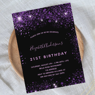 Postal De Invitación Polvo negro púrpura brillante de cumpleaños glamur