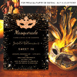 Postal De Invitación Polvo purpurina de oro negro de mascarada Dulce 16<br><div class="desc">Para una elegante Mascarada,  dulce 16,  16 cumpleaños. Un elegante fondo negro. Decorado con un polvo falso purpurina dorado y una máscara de mascarada. Personalice y agregue un nombre,  edad y detalles del fiesta. El nombre se escribe con un guión de estilo con letras a mano. Atrás: diseño postal.</div>