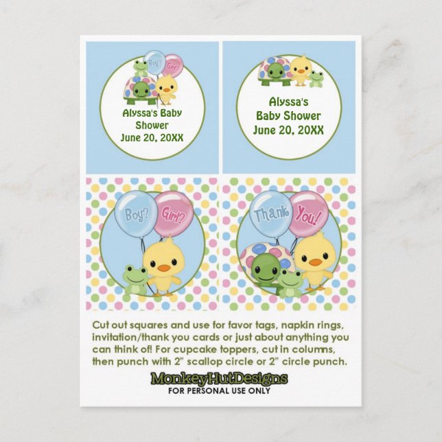 Postal De Invitación Pond Pals Duck Baby Shower Cupcake Topper Neutral (Anverso)