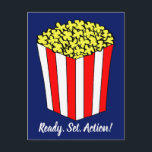 Postal De Invitación Popcorn Movie Theme Birthday Party Invitation<br><div class="desc">Complete your movie themed birthday party with these awesome popcorn postcard invitations. Custom add your film celebration information on the back with the movie title, location, date, time, and party RSVP info. Decorated with a red and white box of popped corn on awesome blue invites. Perfect for a new film...</div>