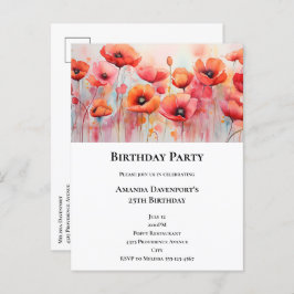 Postal De Invitación Poppies rojos en un acuarela de campo