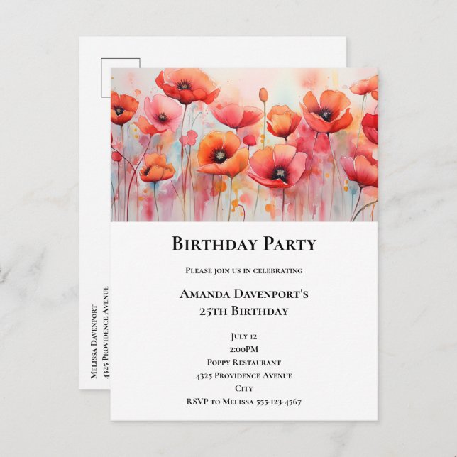Postal De Invitación Poppies rojos en un acuarela de campo (Anverso / Reverso)
