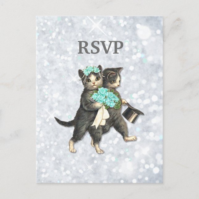 Postal De Invitación Posh Cats Boda Silver Sparkle RSVP (Anverso)