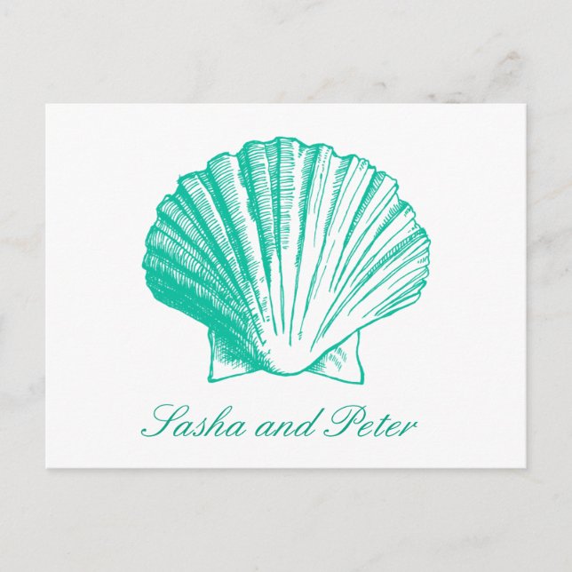 Postal De Invitación Postcard de Aqua Shell Beach Wedding RSVP (Anverso)