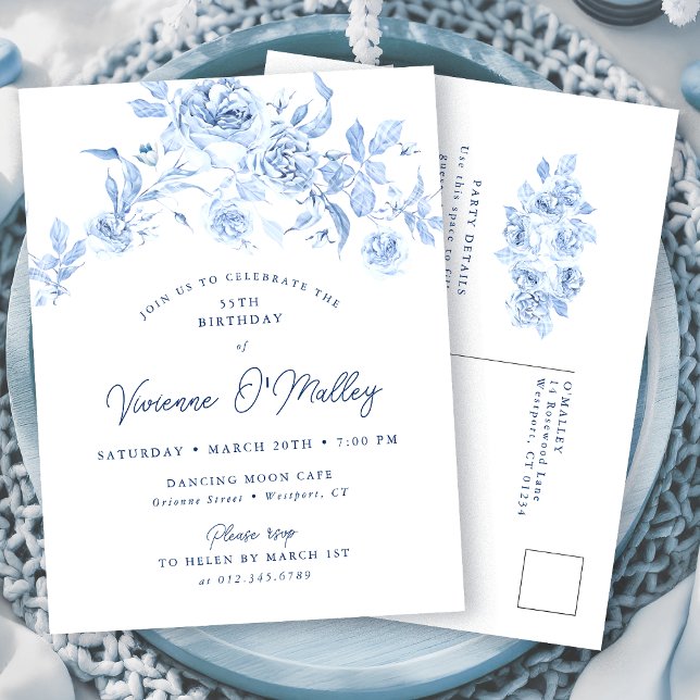 Postal De Invitación POSTCARD INVITE 55th Birthday Dusty Blue Floral (Subido por el creador)