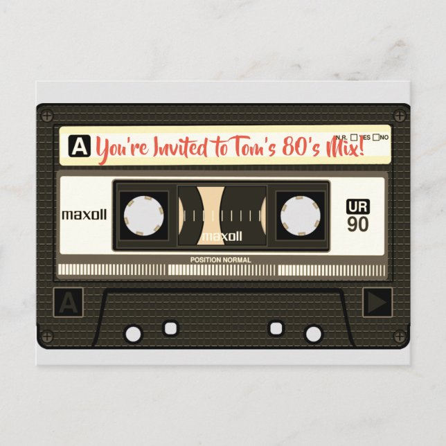 Postal De Invitación Postcard Personalizada Mix Tape de los 80 (Anverso)