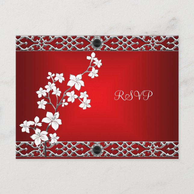 Postal De Invitación Postcard RSVP Asiático Red Black Floral Plata Blan (Anverso)