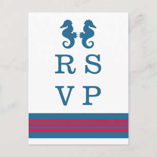 Postal De Invitación Postcard RSVP Nautical Blue Red Seahorse