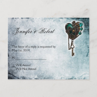 Postal De Invitación Postcarta de Steampunk Verde azulado Heart RSVP