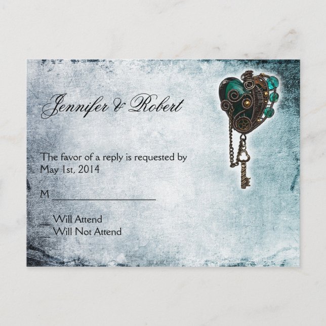 Postal De Invitación Postcarta de Steampunk Verde azulado Heart RSVP (Anverso)