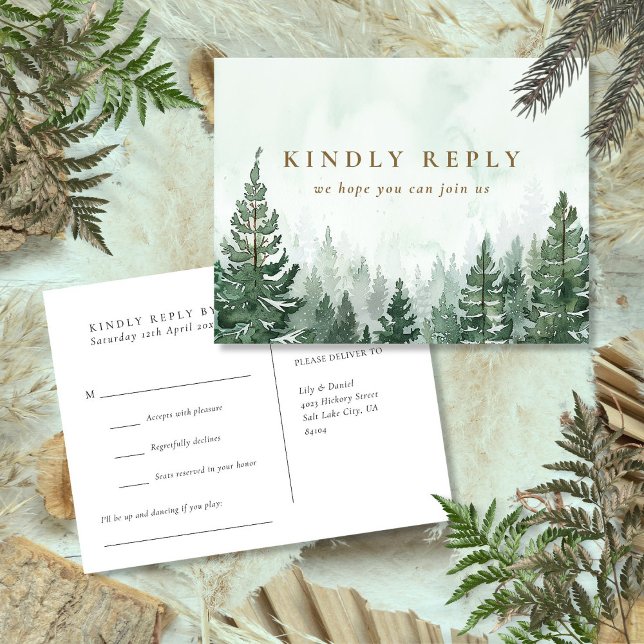 Postal De Invitación Posttarjeta RSVP de solicitud de canción de Pine F (Watercolor Pine Forest Song Request RSVP Postcard)